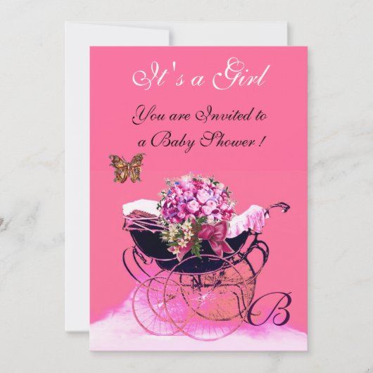 Invitation PRAM vintage AVEC FLEURS, BABY SHOWER BUTTERFLIERS (Devant)