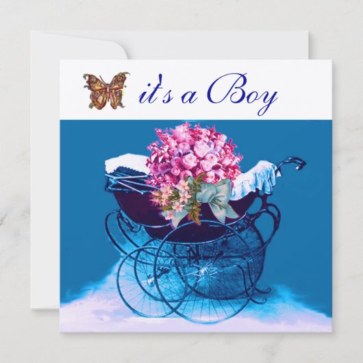 Invitation PRAM vintage AVEC FLEURS, BABY SHOWER BUTTERFLIERS (Devant)