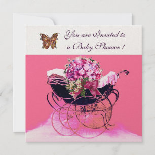 Invitation PRAM vintage AVEC FLEURS, BABY SHOWER BUTTERFLIERS