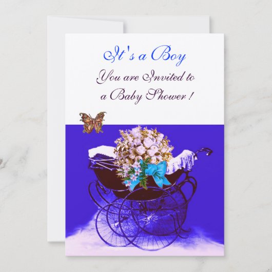 Invitation PRAM vintage AVEC FLEURS, BABY SHOWER BUTTERFLIERS (Devant)