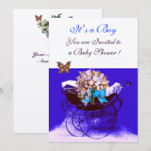 Invitation PRAM vintage AVEC FLEURS, BABY SHOWER BUTTERFLIERS (Devant / Derrière)