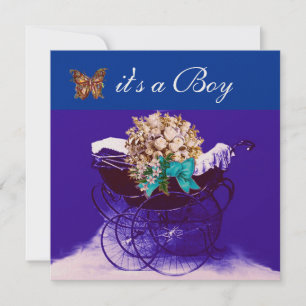 Invitation PRAM vintage AVEC FLEURS, BABY SHOWER BUTTERFLIERS