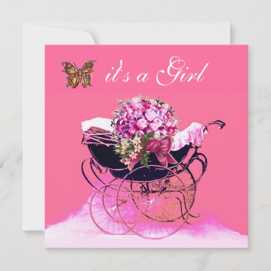 Invitation PRAM vintage AVEC FLEURS, BABY SHOWER BUTTERFLIERS (Devant)