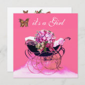Invitation PRAM vintage AVEC FLEURS, BABY SHOWER BUTTERFLIERS (Devant / Derrière)