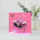 Invitation PRAM vintage AVEC FLEURS, BABY SHOWER BUTTERFLIERS (Debout devant)