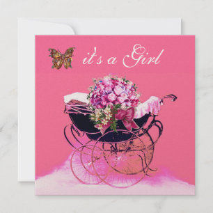 Invitation PRAM vintage AVEC FLEURS, BABY SHOWER BUTTERFLIERS