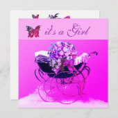 Invitation PRAM vintage, FLEURS, BETTERFLIES BABY SHOWER ROSE (Devant / Derrière)