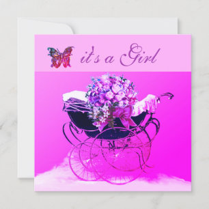 Invitation PRAM vintage, FLEURS, BETTERFLIES BABY SHOWER ROSE