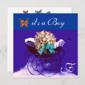 Invitation PRAM vintage, FLEURS, BETTERFLIES BÉBÉ GARÇON DOUC (Devant / Derrière)