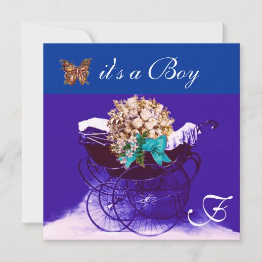 Invitation PRAM vintage, FLEURS, BETTERFLIES BÉBÉ GARÇON DOUC (Devant)