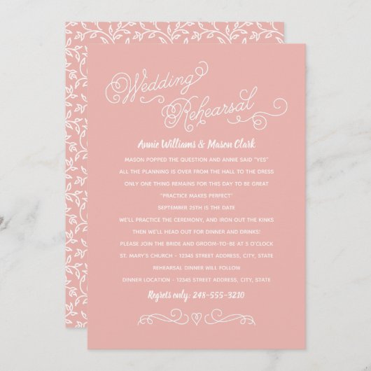 Invitation Pratique Fait Parfait Blush Pink Rehearer Dîner (Devant / Derrière)