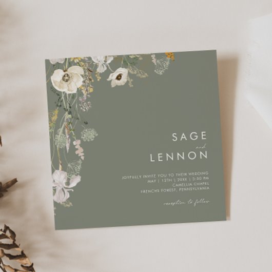 Invitation Pré Fleur sauvage lunaire | Carré vert Sage