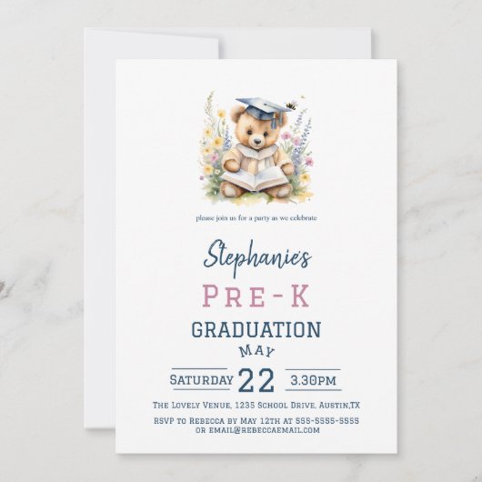 Invitation Pré-K Graduation Party mignonne Ours et Fleurs en  (Devant)