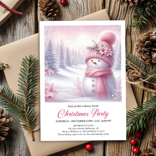 Invitation Precious Pink Snowman Editable Kids Christmas 