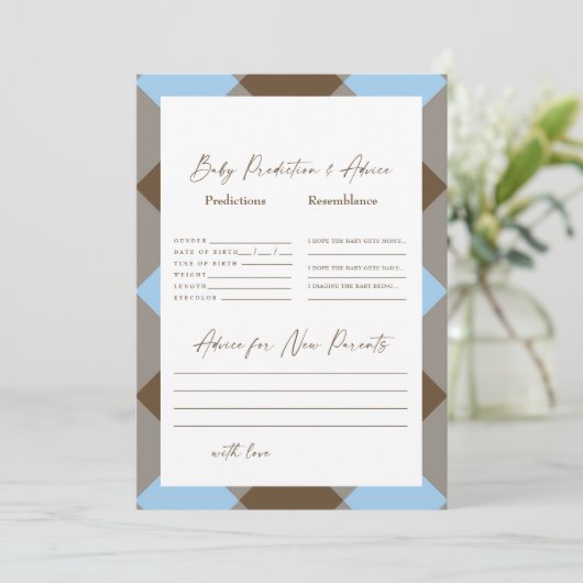 Invitation Prédictions de bébé de douche Blue Gingham et marr (Debout devant)