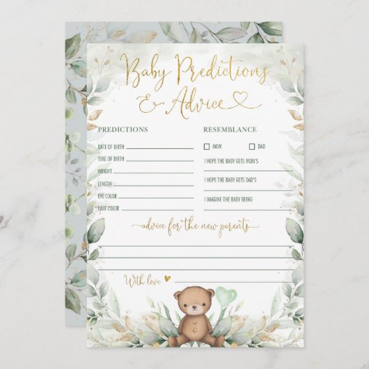 Invitation Prédictions et conseils pour bébé Teddy Bear Green (Devant / Derrière)