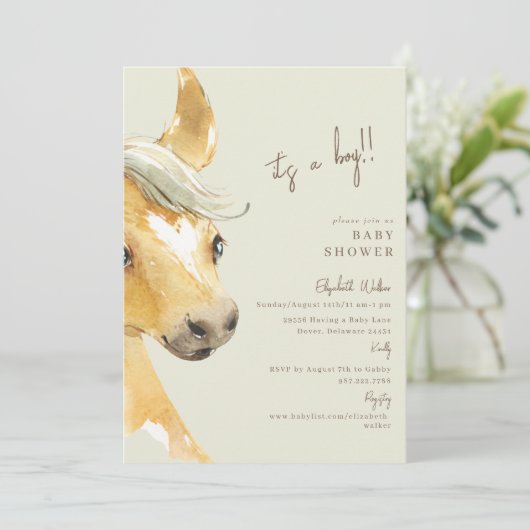 Invitation Preg-neigh-ent Horse C'est un Baby shower garçon (Debout devant)