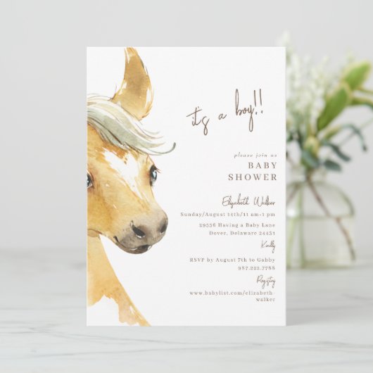Invitation Preg-neigh-ent Horse C'est un garçon Baby shower I (Debout devant)