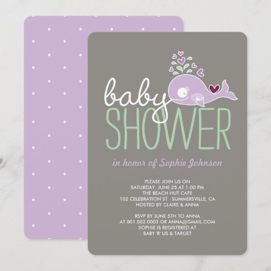 Invitation Pregnant Lilac maman baleine fille Baby shower Inv (Devant / Derrière)
