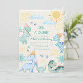 Invitation Premier 1er anniversaire Aquarelle Bleue Dinosaure (Debout devant)