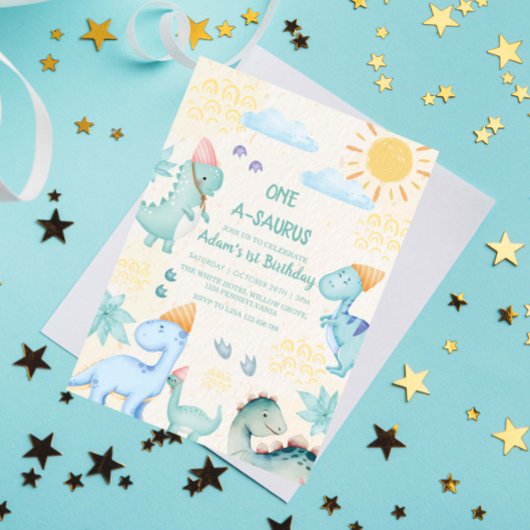 Invitation Premier 1er anniversaire Aquarelle Bleue Dinosaure