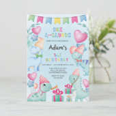 Invitation Premier 1er anniversaire aquarelle Dinosaure, bleu (Debout devant)