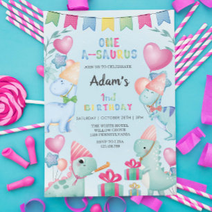 Invitation Premier 1er anniversaire aquarelle Dinosaure, bleu