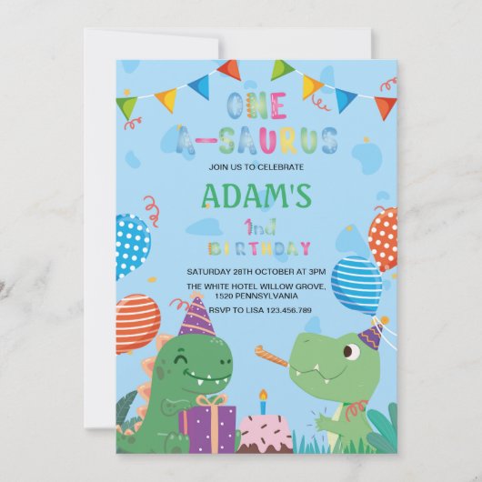 Invitation Premier 1er anniversaire Dinosaure vert et gâteau (Devant)