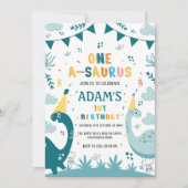 Invitation Premier 1er anniversaire dinosaure vert foncé et c (Devant)