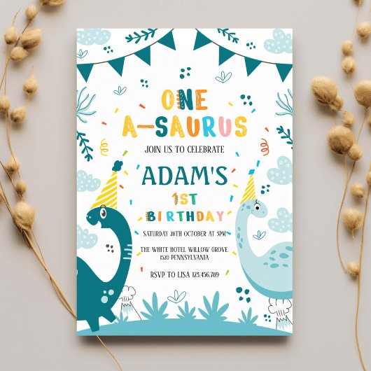 Invitation Premier 1er anniversaire dinosaure vert foncé et c