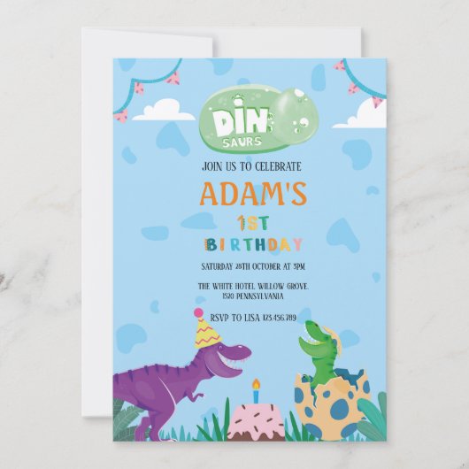 Invitation Premier 1er anniversaire Dinosaure vert & pourpre (Devant)