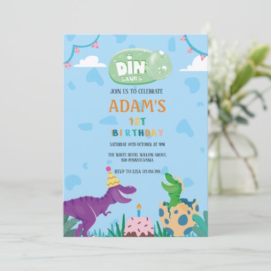 Invitation Premier 1er anniversaire Dinosaure vert & pourpre (Debout devant)