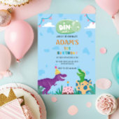 Invitation Premier 1er anniversaire Dinosaure vert & pourpre