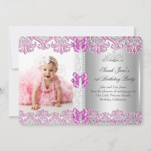 Invitation Premier 1er Anniversaire Filles Lilac Pink Photo T (Devant)
