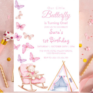 Invitation Premier 1er Anniversaire Mignonne Ours Papillon Te