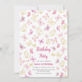 Invitation Premier 1er anniversaire Papillon aquarelle rose (Devant)
