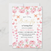 Invitation Premier 1er anniversaire papillon rose et fleur (Devant)