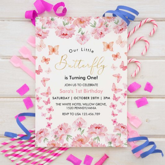 Invitation Premier 1er anniversaire papillon rose et fleur