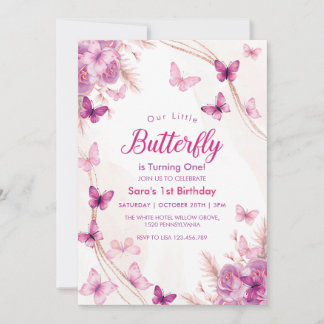 Invitation Premier 1er anniversaire Purple Floral Papillons F