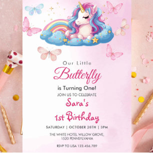 Invitation Premier 1er anniversaire Unicorn Papillon rose