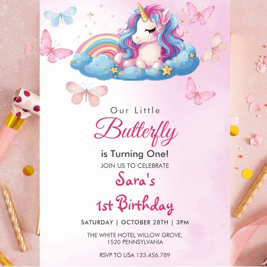 Invitation Premier 1er anniversaire Unicorn Papillon rose