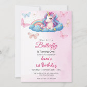 Invitation Premier 1er anniversaire Unicorn Papillon rose (Devant)