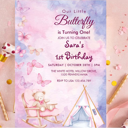 Invitation Premier 1er anniversaire WatercoloBear Libre Papil