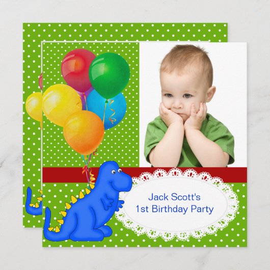 Invitation Premier anniversaire 1er Dinosaur Green Blue Boy (Devant / Derrière)