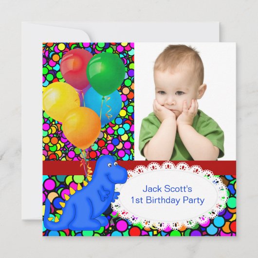 Invitation Premier anniversaire 1er Dinosaure Rouge Vert Bleu (Devant)