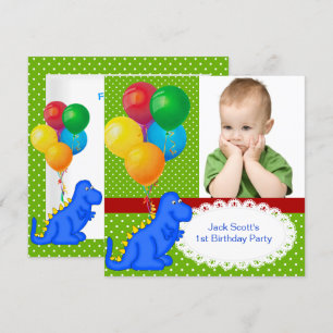 Invitation Premier anniversaire 1er dinosaure vert bleu garço