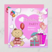 Invitation Premier Anniversaire 1ère fête Coeurs roses mignon (Devant / Derrière)