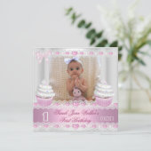 Invitation Premier anniversaire 1ère fille Cupcake blanc rose (Debout devant)