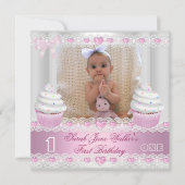 Invitation Premier anniversaire 1ère fille Cupcake blanc rose (Devant)