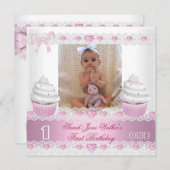 Invitation Premier anniversaire 1ère fille Cupcake blanc rose (Devant / Derrière)